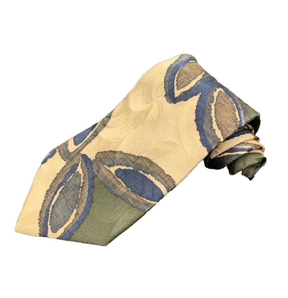 Vintage 80s 90s Tom James Silk Neck Tie Green Blue Tan Floral Handmade Corpcore